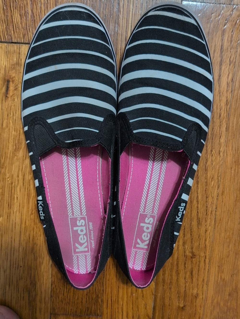 Keds Black & White Striped Slip-On Shoes with Pink Insoles